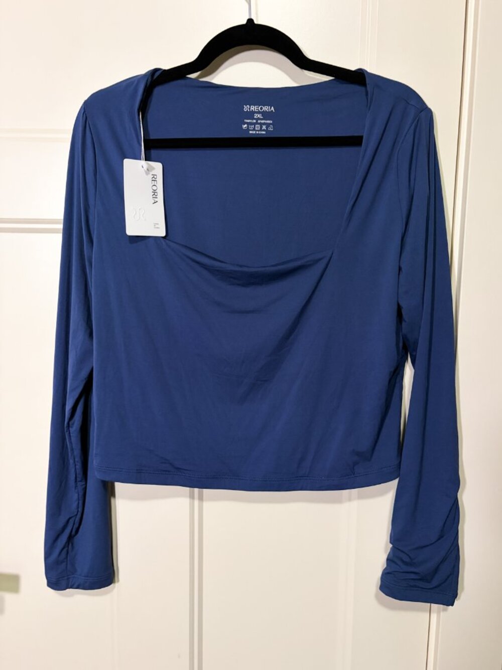 NWT ReoRia 2X Blue Stretchy Square Neck Long Sleeve Crop Top